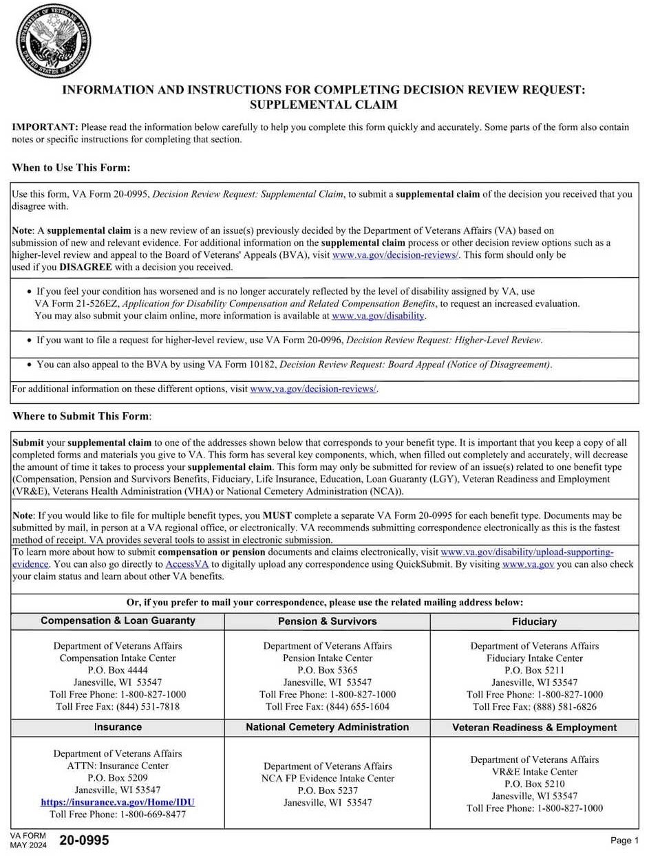 VA Form 20-0995 PDF Download – Veterans Supplemental Claim