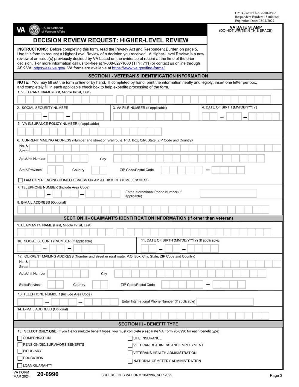 VA Form 20-0996 PDF Download – Higher Level Review