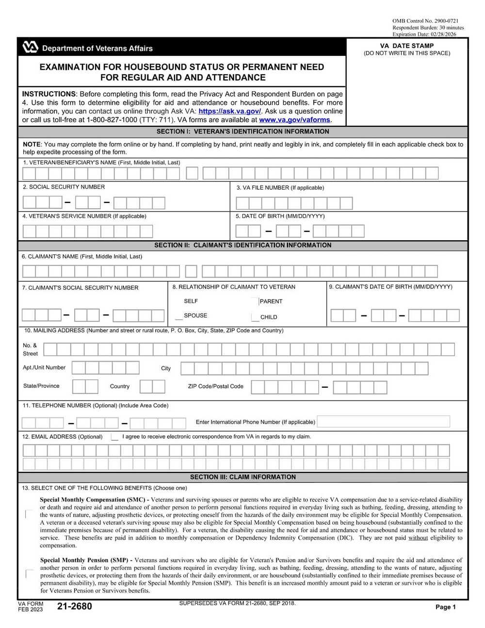 VA Form 21-2680 PDF Download – Housebound Examination