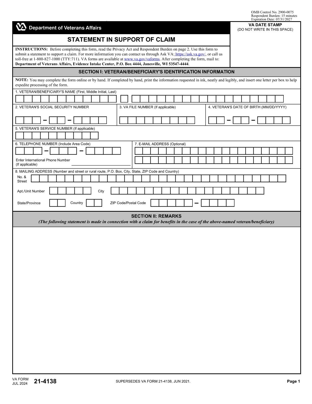 VA Form 21-4138 PDF Download – Statement in Support of Claim