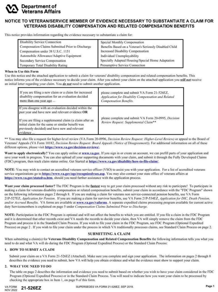 VA Form 21-526EZ PDF Download – Disability Compensation Application