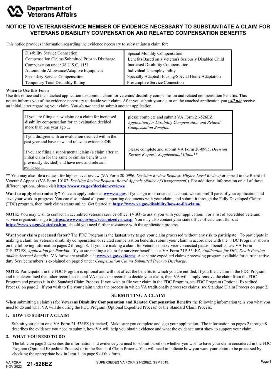 VA Form 21-526EZ PDF Download – Disability Compensation Application