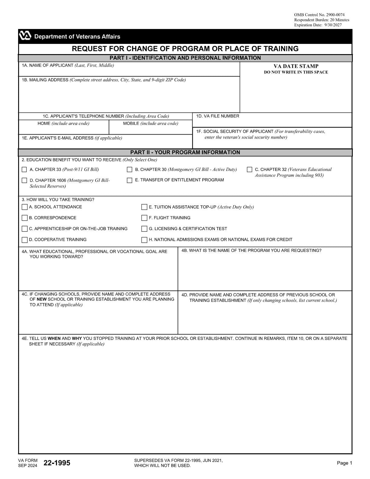 VA Form 22-1995 PDF Download – Education Program Change