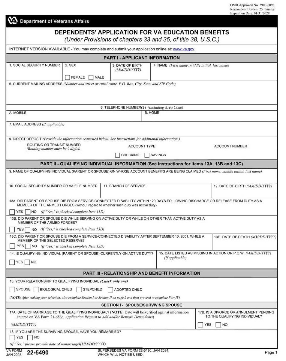 VA Form 22-5490 PDF Download – Education Assistance