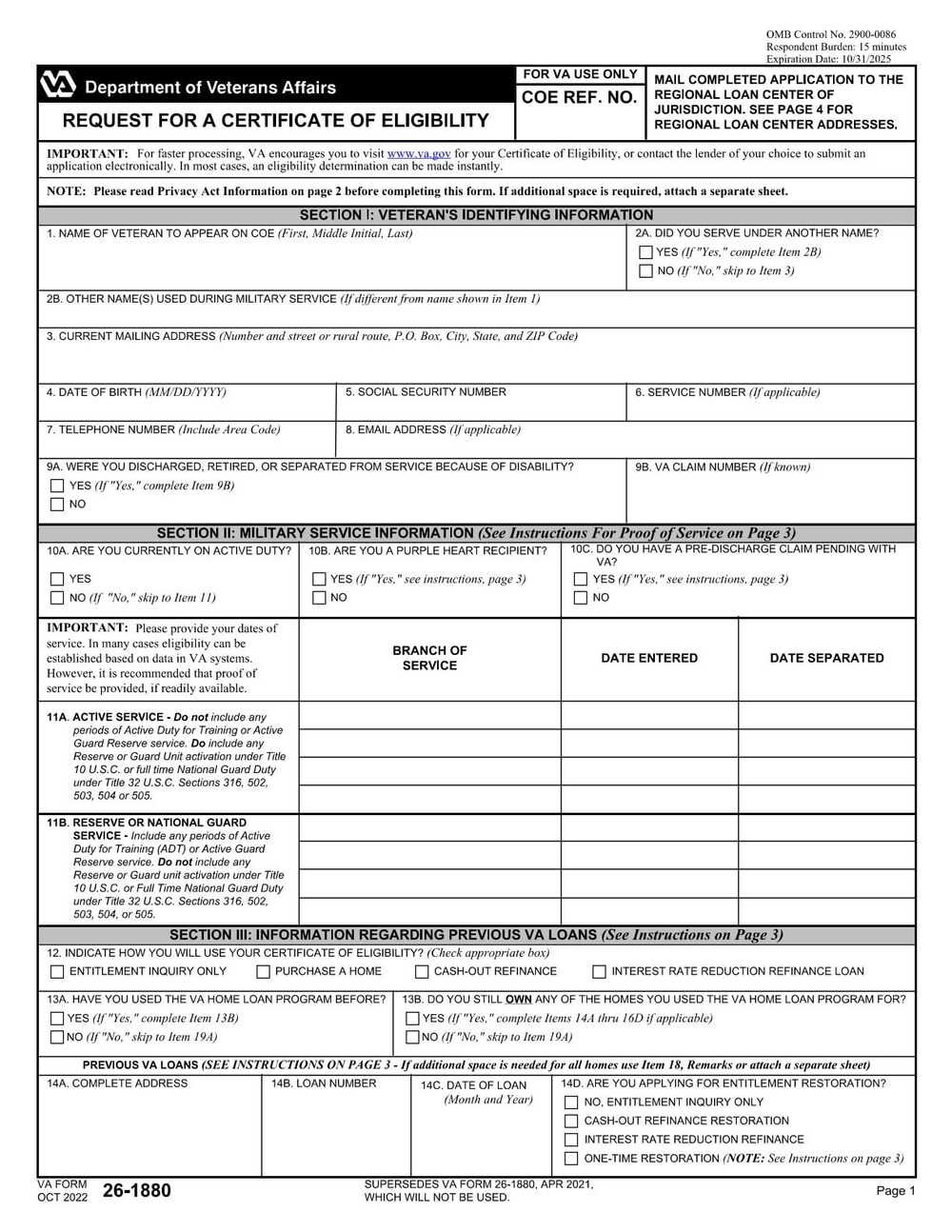 VA Form 26-1880 PDF Download – Home Loan Eligibility