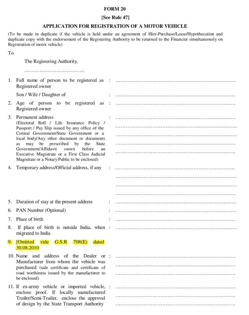 Vehicle Form 20 Application For Registration of a Motor Vehicle