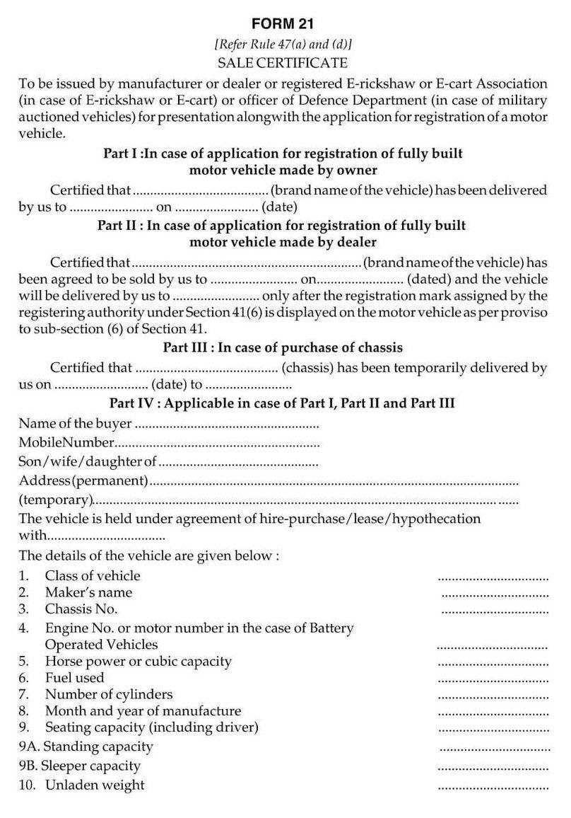Vehicle Form 21 Motor Vehicle Sale Certificate Download pdf file