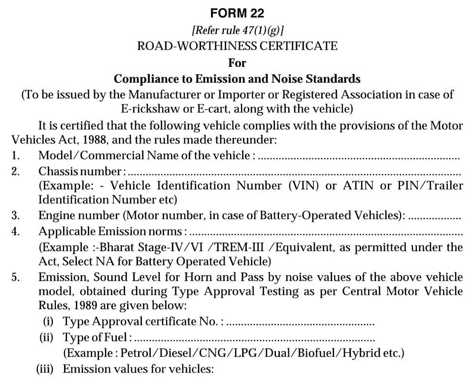 Vehicle Form 22 Road-Worthiness Certificate for Compliance to Emission and Noise Standards