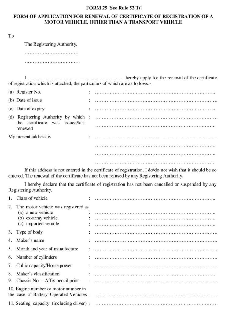 Vehicle Form 25 Application for renewal of Registration Certificate of ...
