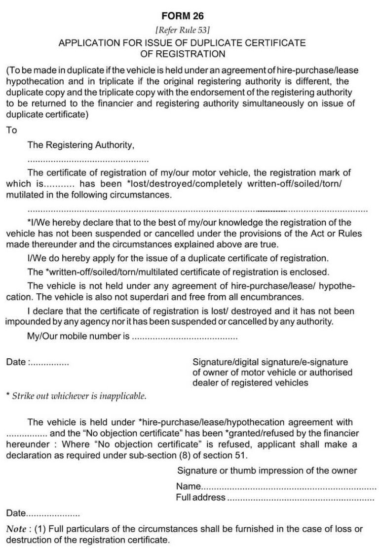 Vehicle Form 26 Application for Issue of Duplicate Registration ...
