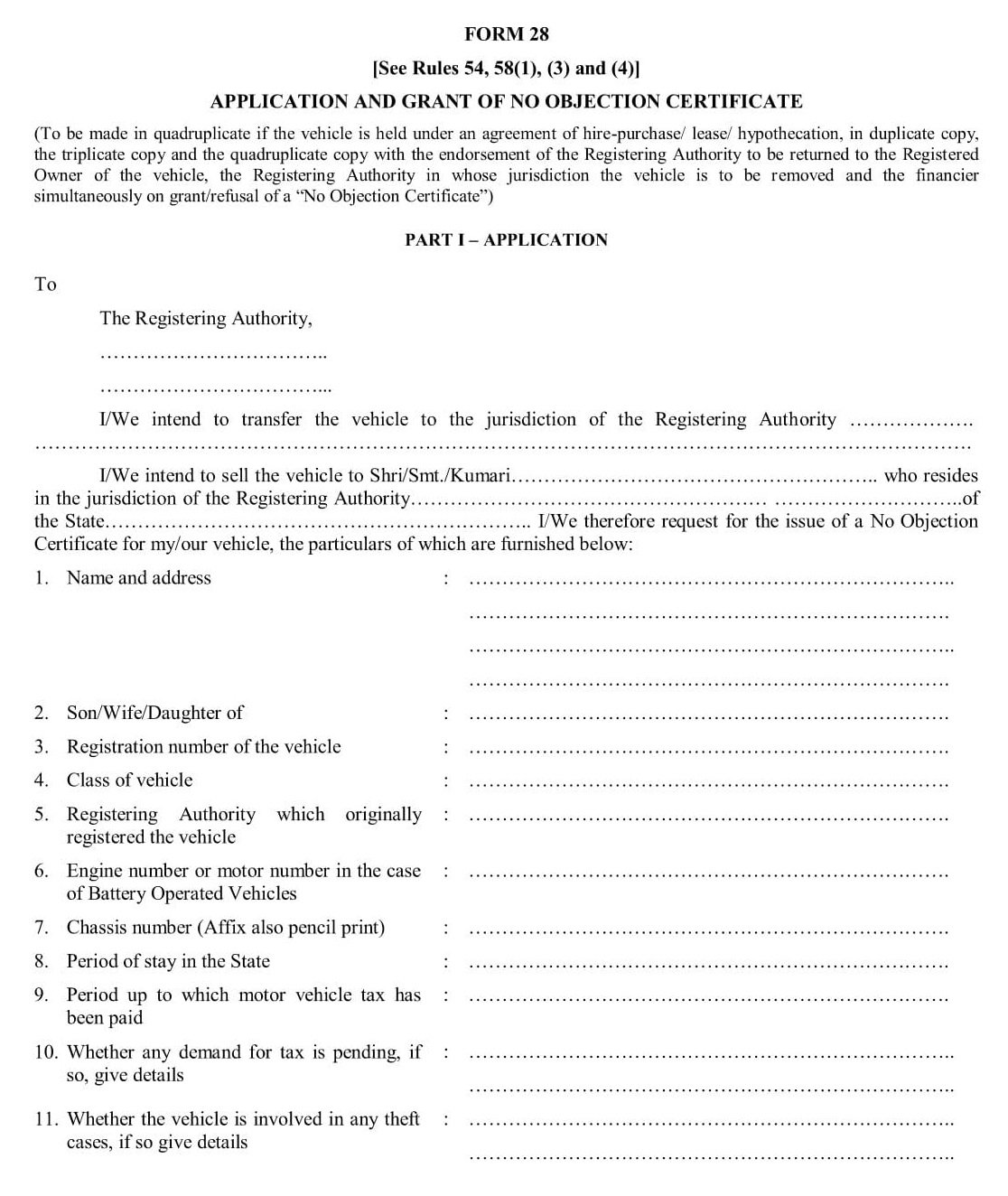 Vehicle Form 28 Application & grant of No-Objection Certificate