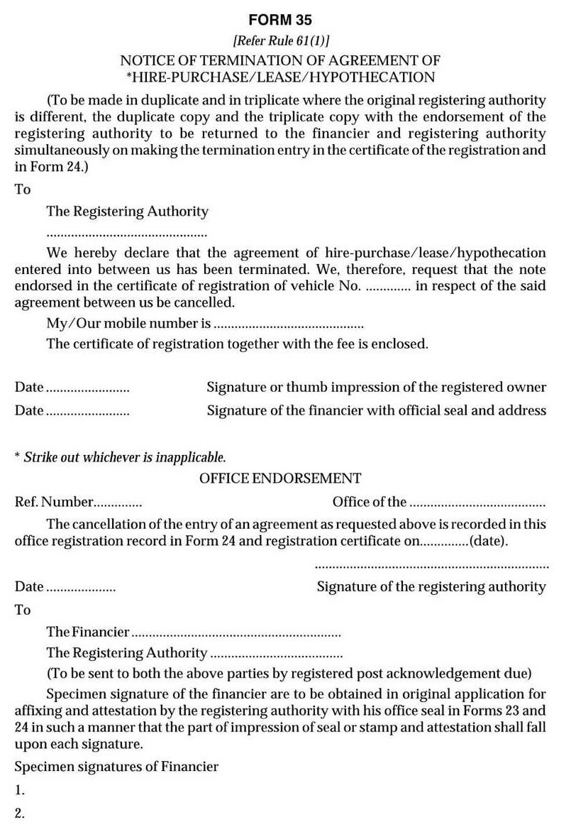 Vehicle Form 35 Notice of Termination of an Agreement of Hire Purchase