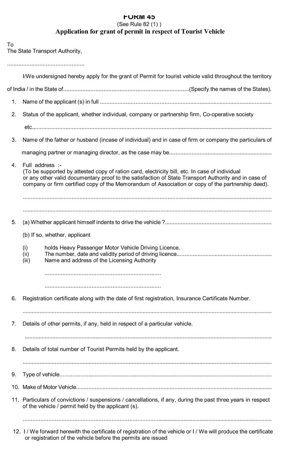 Vehicle Form 45 Application for grant of Permit in respect of Tourist Vehicle