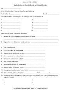 Vehicle Form 47 Authorization for Tourist Permit or National Permit