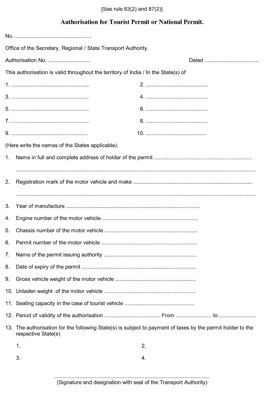 Vehicle Form 47 Authorization for Tourist Permit or National Permit