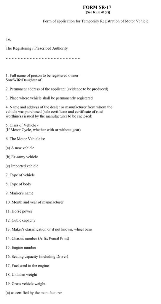 Temp Registration Vehicle Form SR-17 Application for Temporary Registration of Motor Vehicle