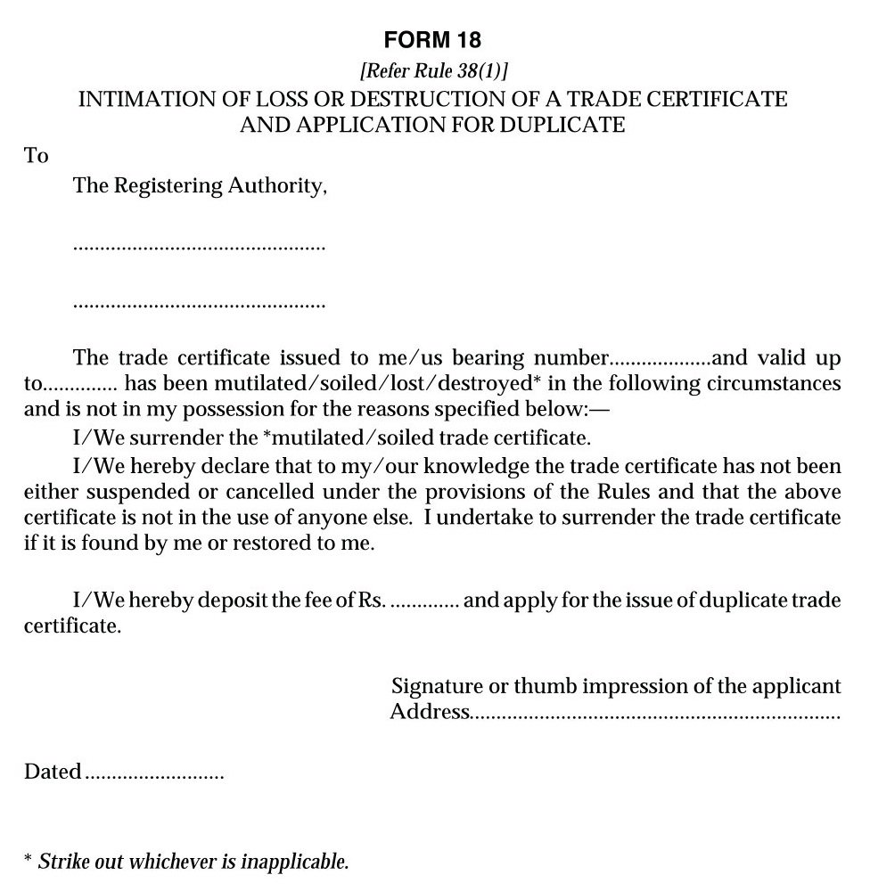 Vehicle From 18 Intimation of Loss or Destruction of a Trade Certificate