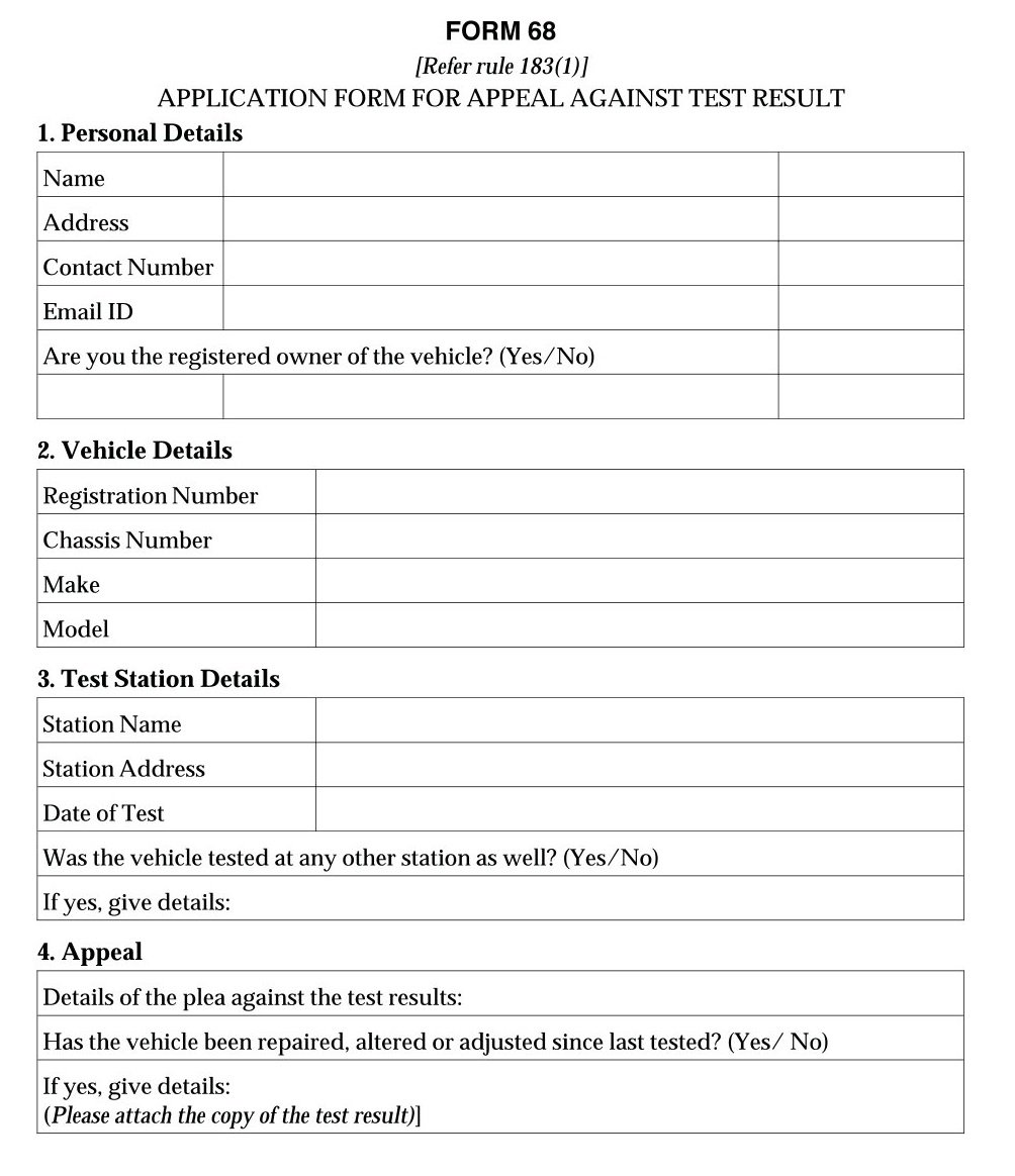 Vehicles Related Form 68 Download Application form for appeal against test result
