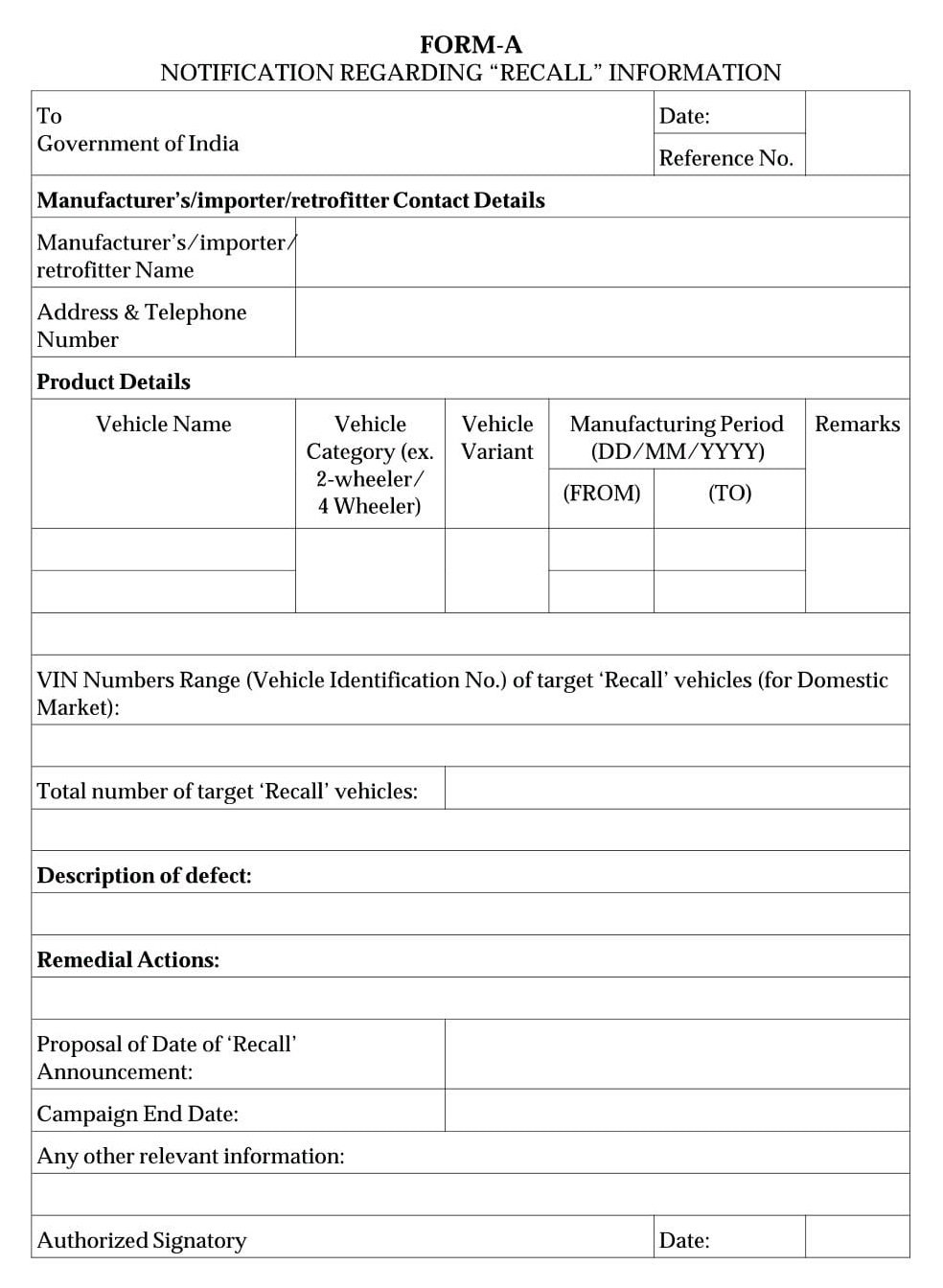 Vehicles Related Form A & B Download Forms related to Recall Information