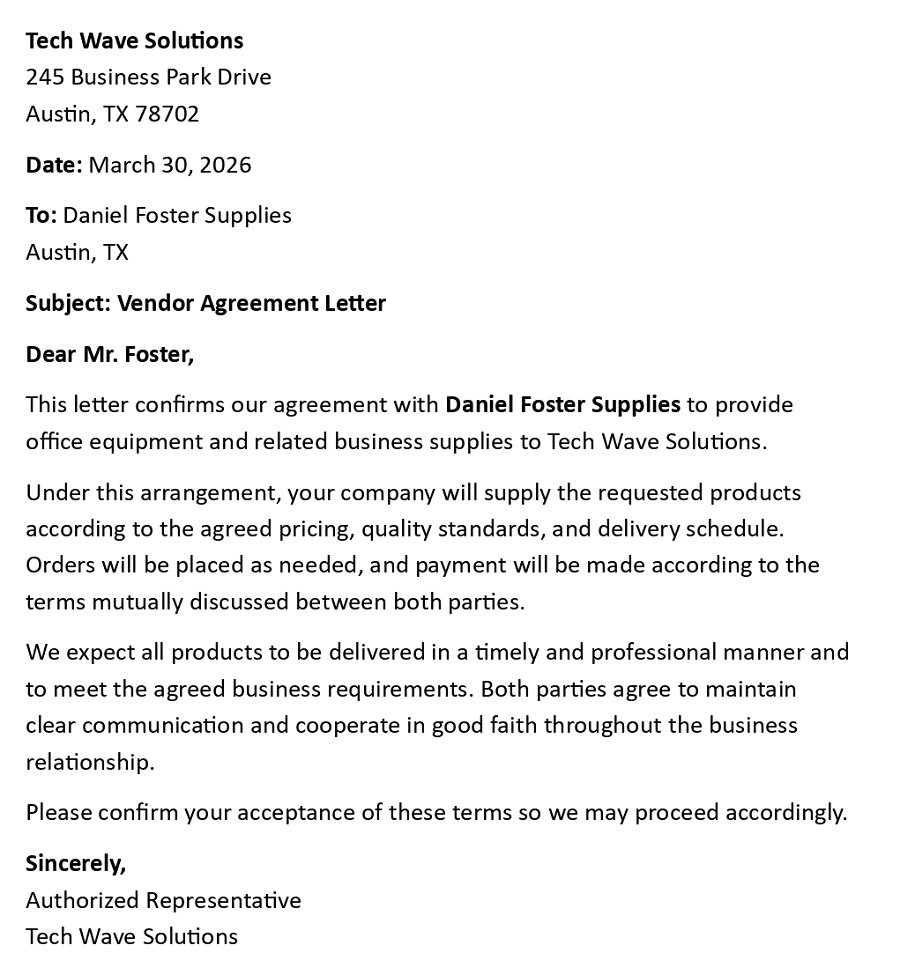 Vendor Agreement Letter