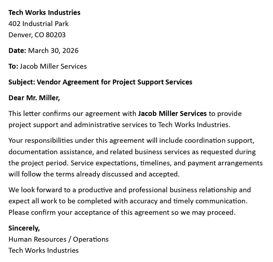 Vendor Agreement for Project Support Services