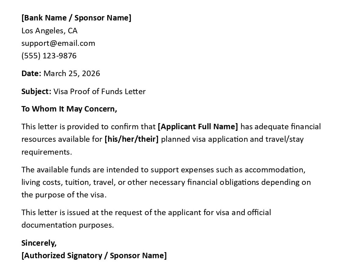 Visa Proof of Funds Letter