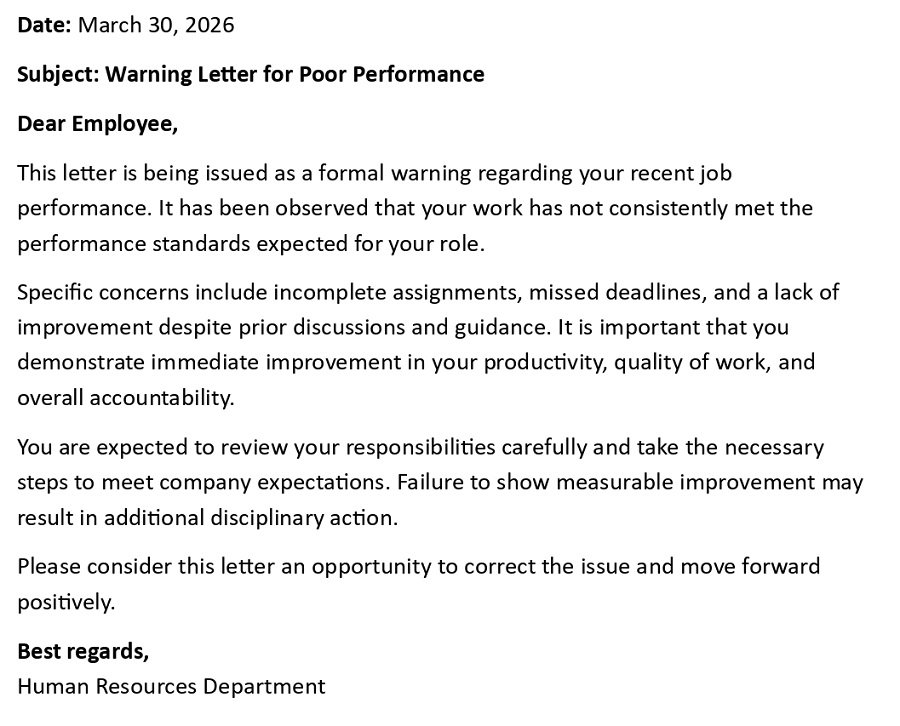 Warning Letter for Poor Performance