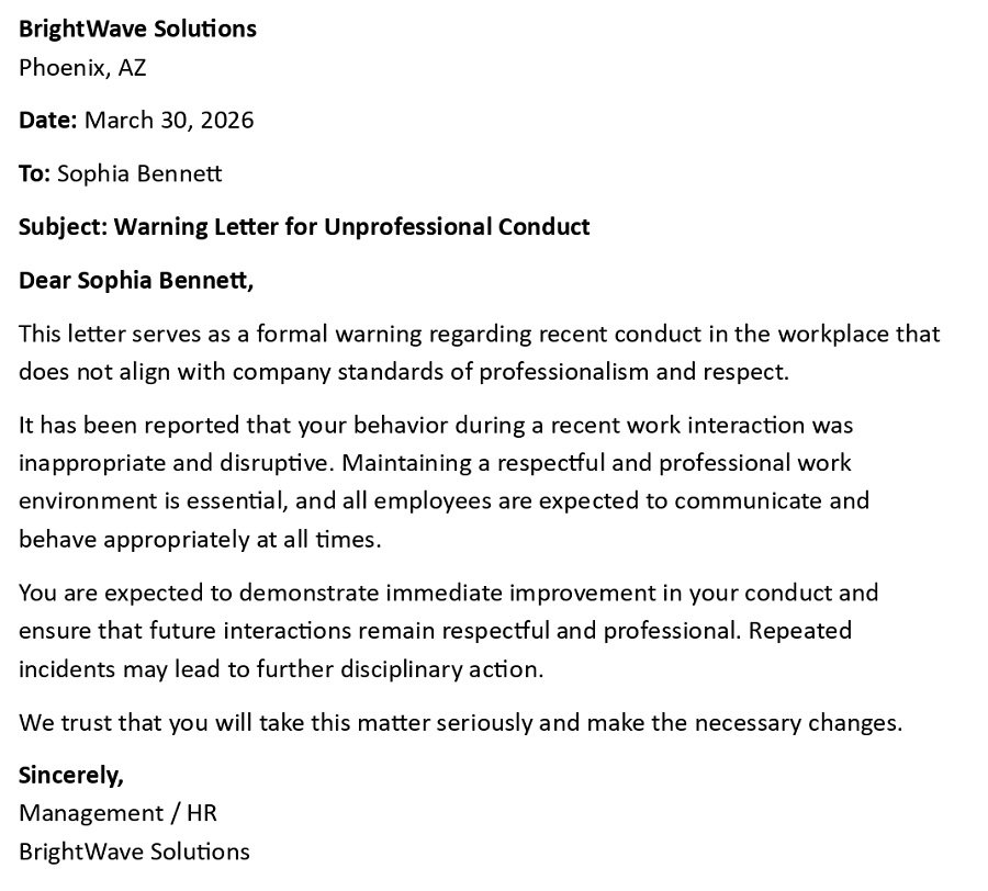 Warning Letter for Unprofessional Conduct
