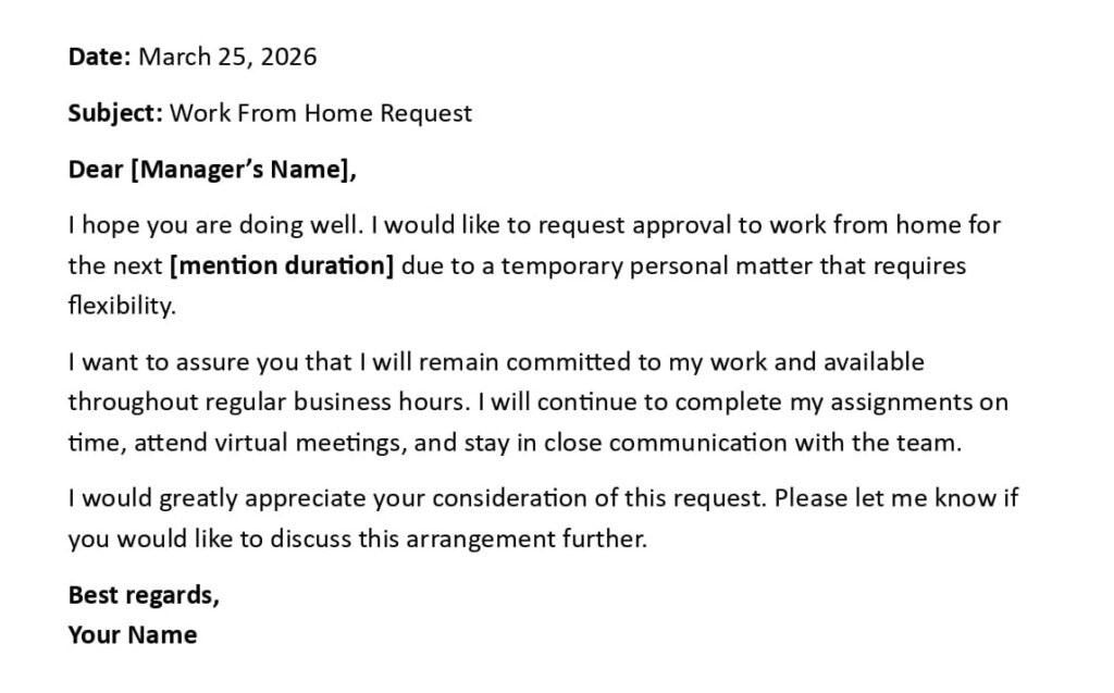 Work From Home Note Example Work From Home Request Letter (USA HR Format + 5 Samples)