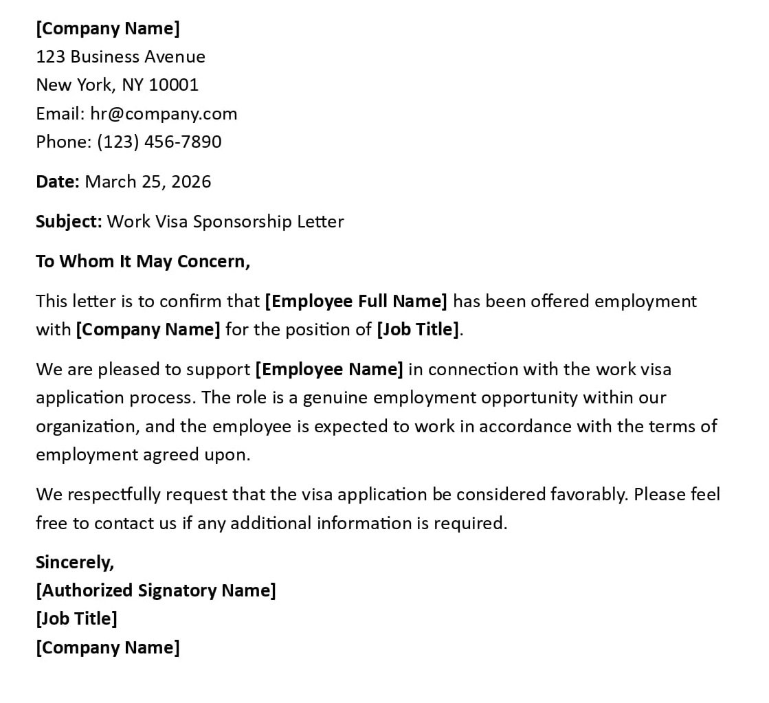 Work Visa Sponsorship Letter