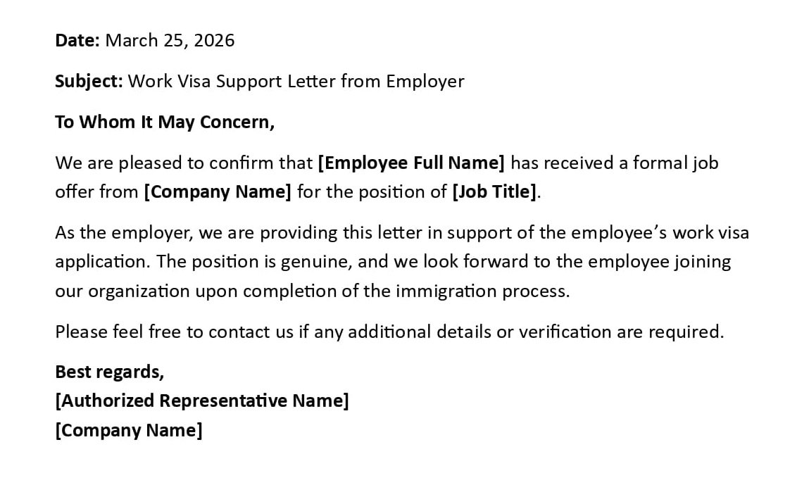 Work Visa Support Letter from Employer
