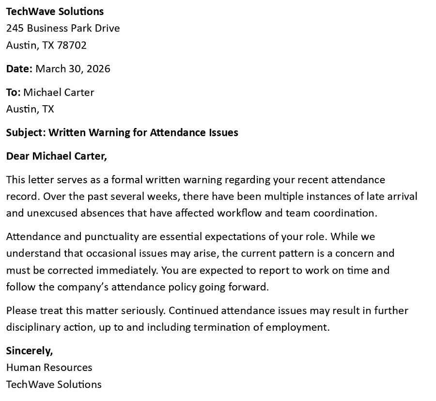 Written Warning for Attendance Issues
