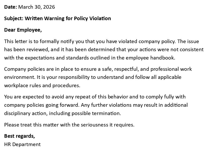 Written Warning for Policy Violation