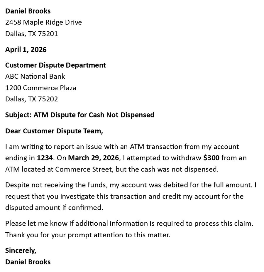 ATM Dispute for Cash Not Dispensed