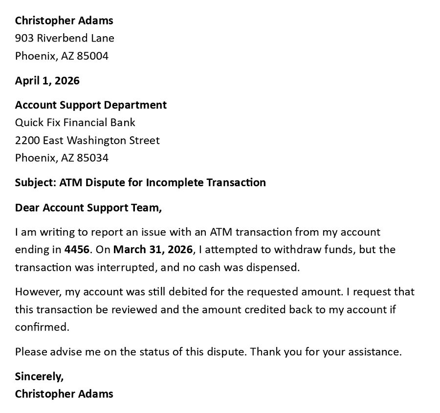 ATM Dispute for Incomplete Transaction