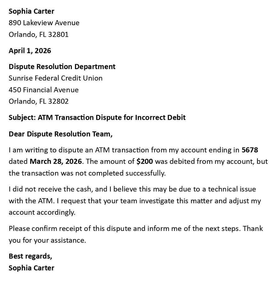 ATM Transaction Dispute for Incorrect Debit