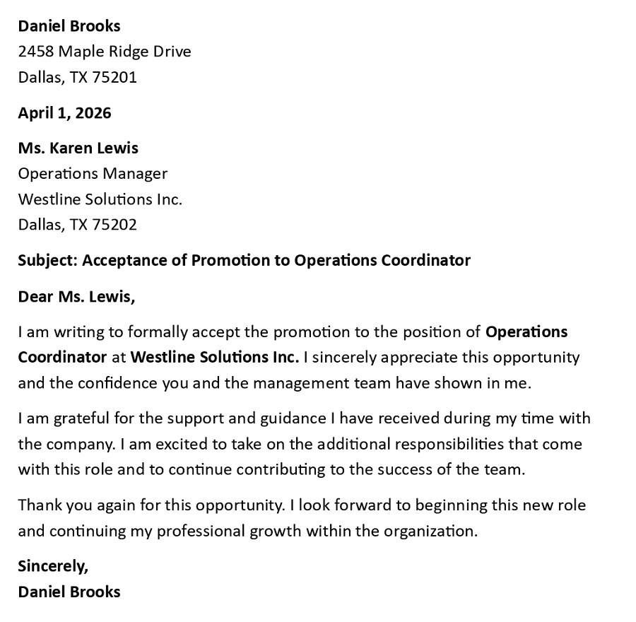 Acceptance of Promotion to Operations Coordinator