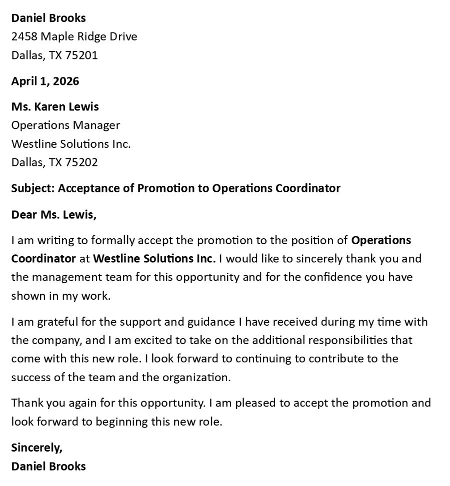 Acceptance of Promotion to Operations Coordinator