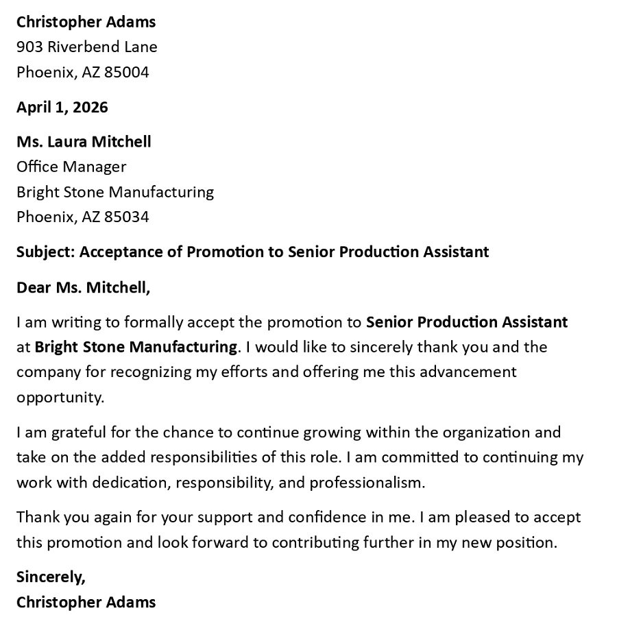 Acceptance of Promotion to Senior Production Assistant