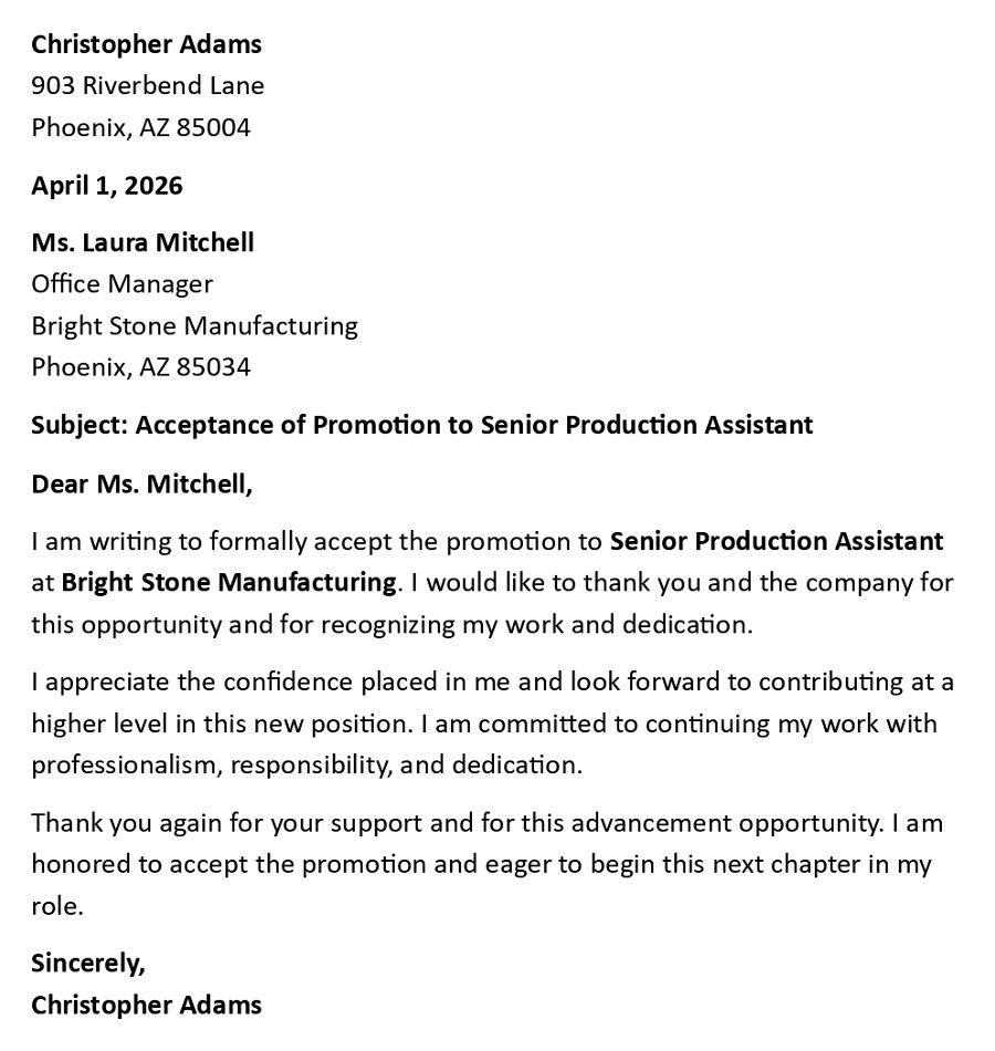 Acceptance of Promotion to Senior Production Assistant
