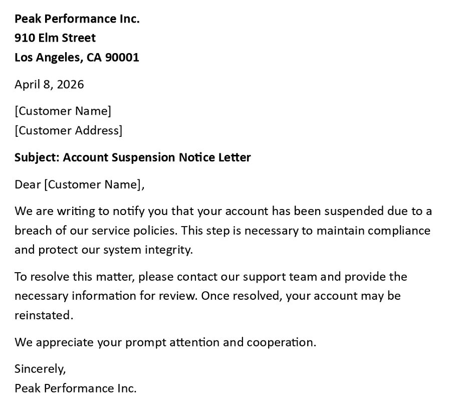 Account Suspension Notice Letter