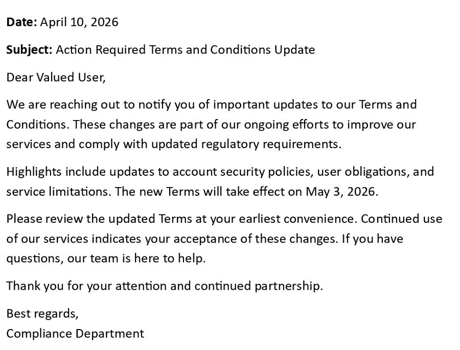Action Required Terms and Conditions Update