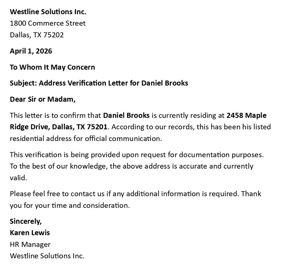 Address Verification Letter for Daniel Brooks