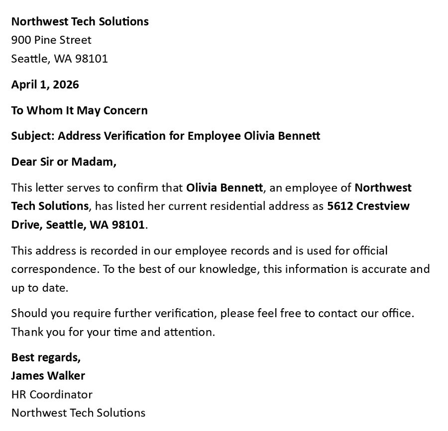 Address Verification for Employee Olivia Bennett