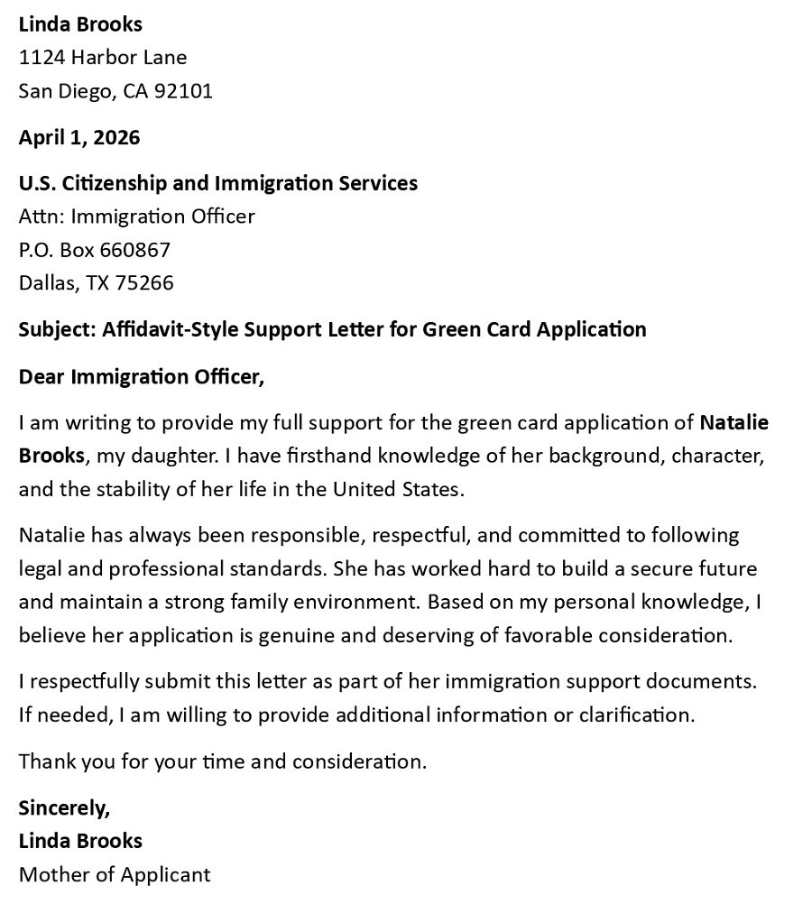 Affidavit-Style Support Letter for Green Card Application