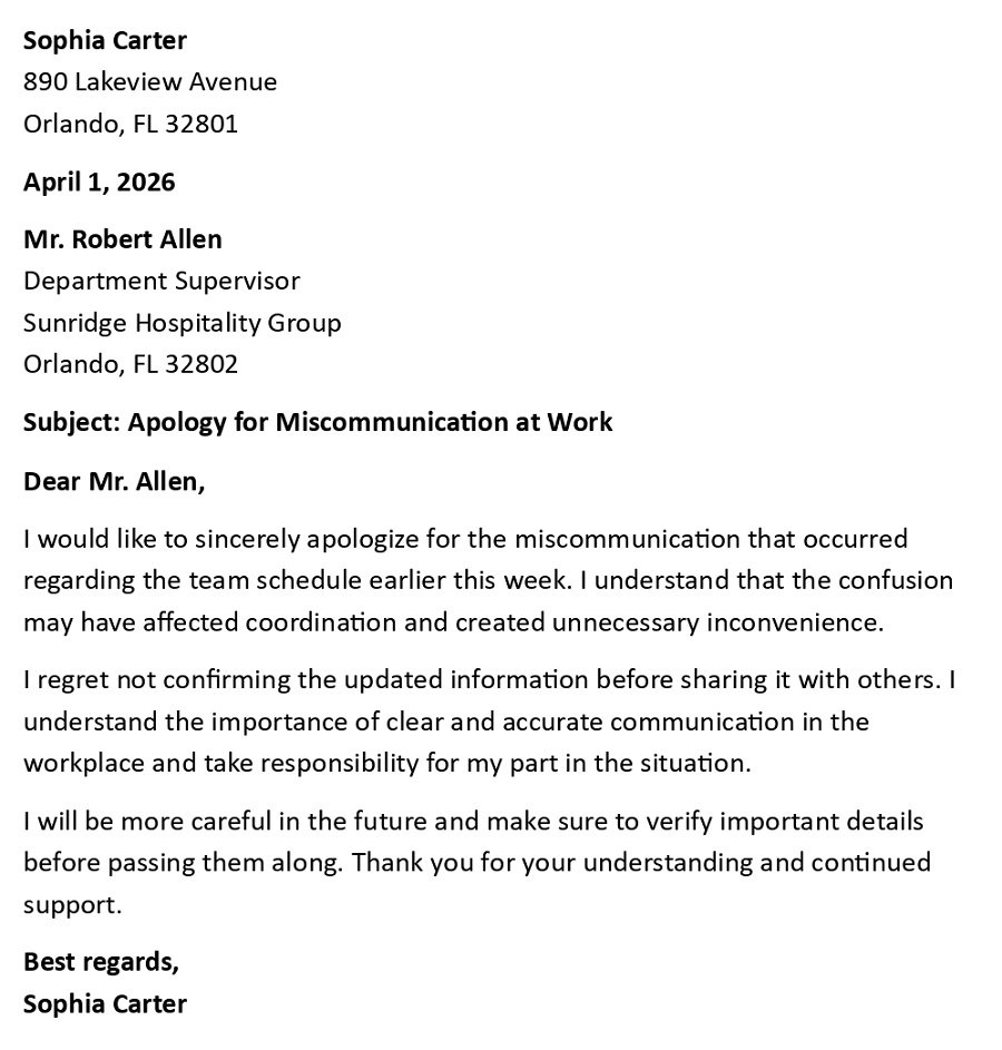 Apology for Miscommunication at Work