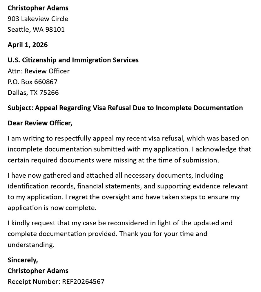 Appeal Regarding Visa Refusal Due to Incomplete Documentation