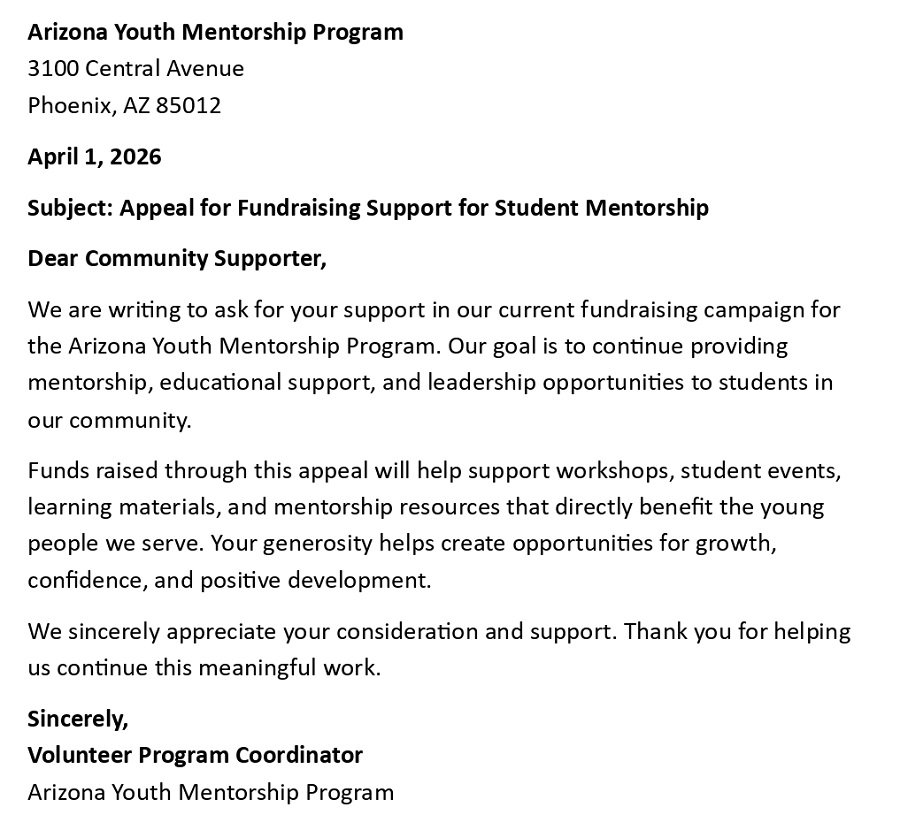 Appeal for Fundraising Support for Student Mentorship