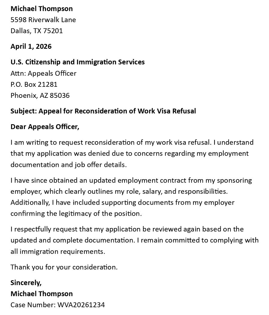 Appeal for Reconsideration of Work Visa Refusal