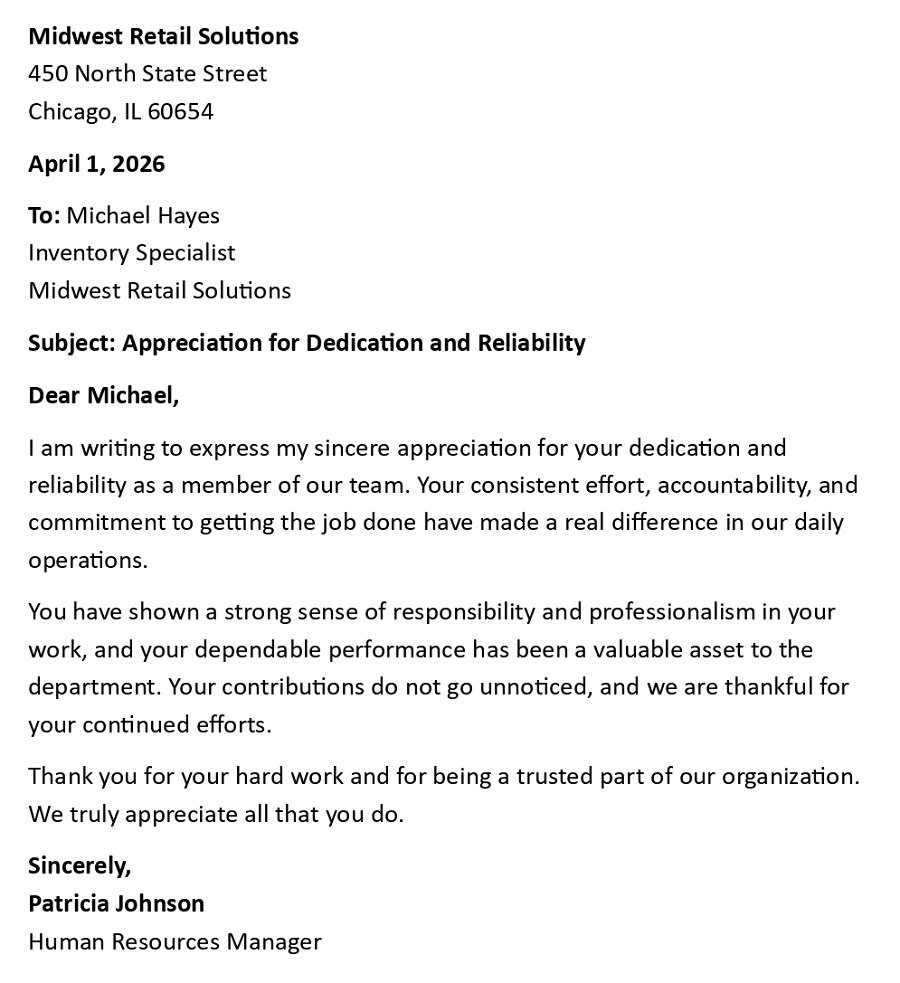 Appreciation for Dedication and Reliability